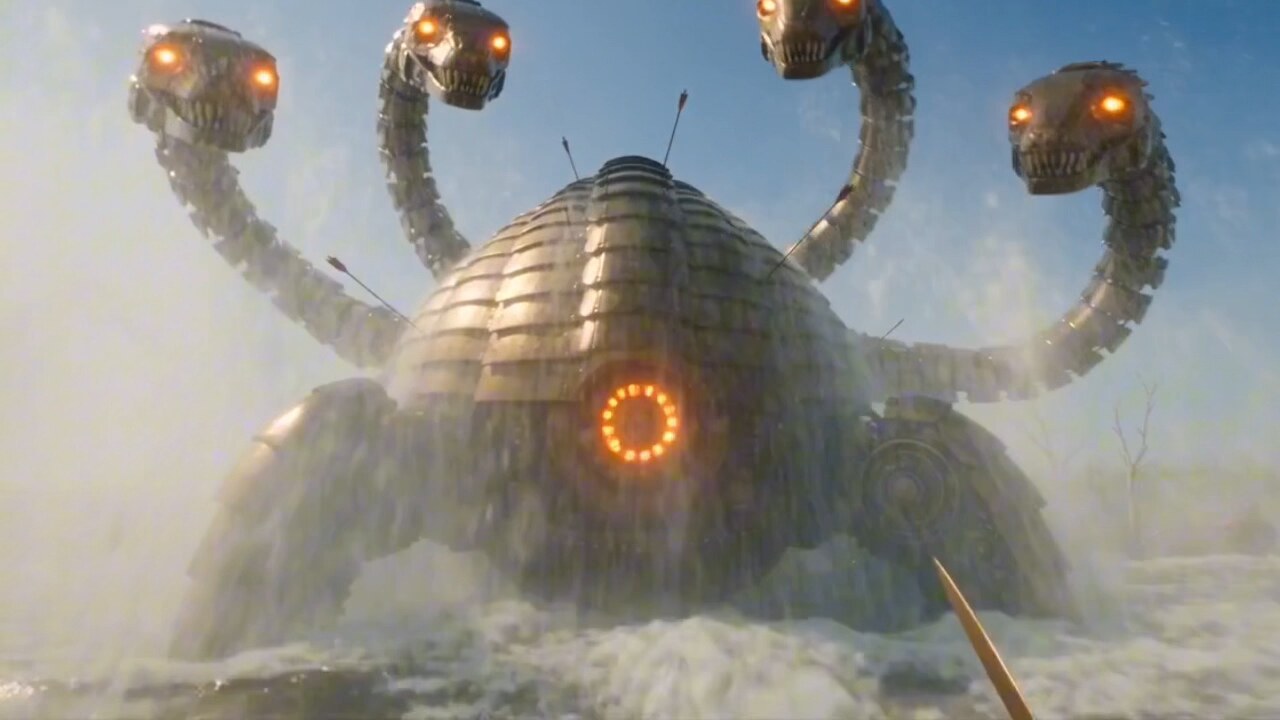 Archer facing a giant mechanical creature rising from a marsh