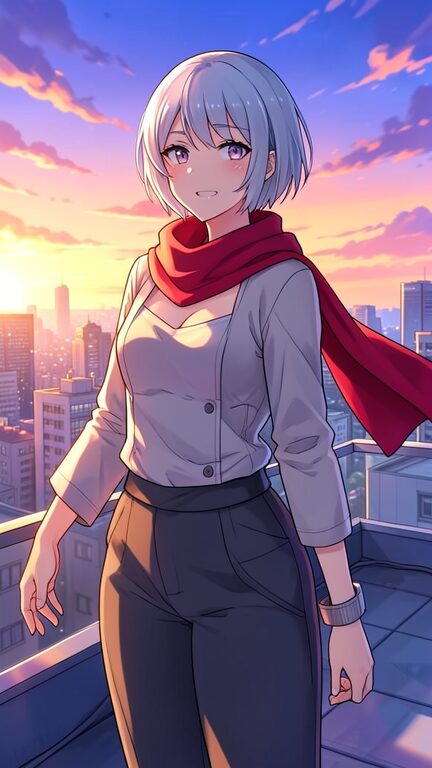Flux 2 Klein example: anime woman with short silver hair and a red scarf on a rooftop at sunset