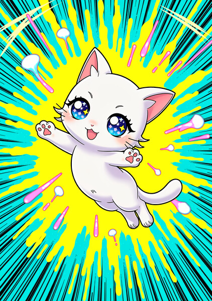 Flux 2 Klein example: cute white kitten leaping through a colorful anime speed-line burst