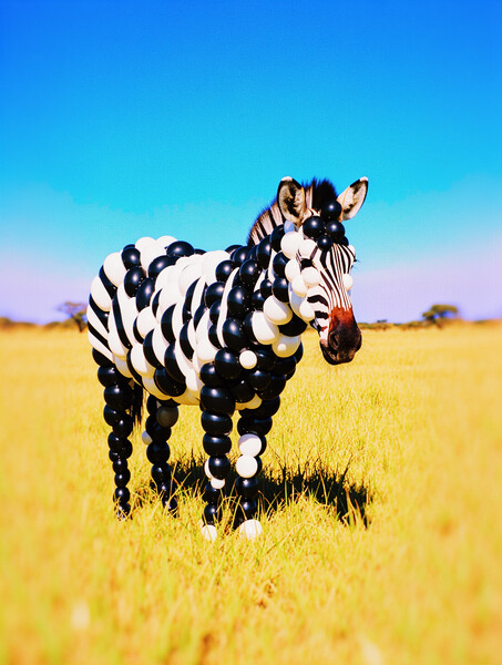 Flux 2 Klein example: zebra made of black and white balloons standing in a sunny savanna