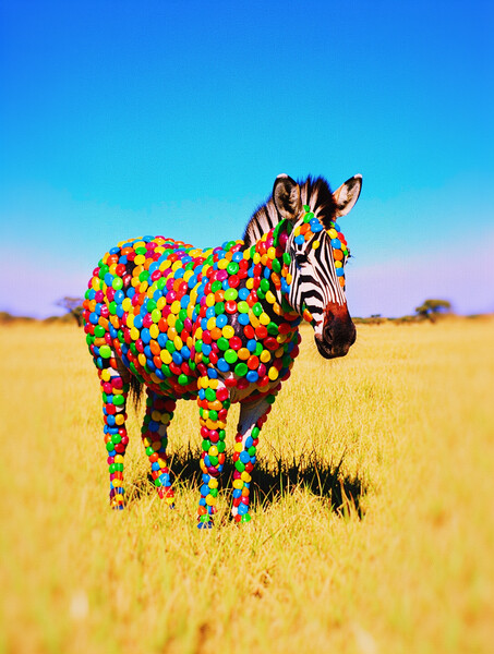 Flux 2 Klein example: zebra covered in colorful candy buttons standing in golden savanna grass