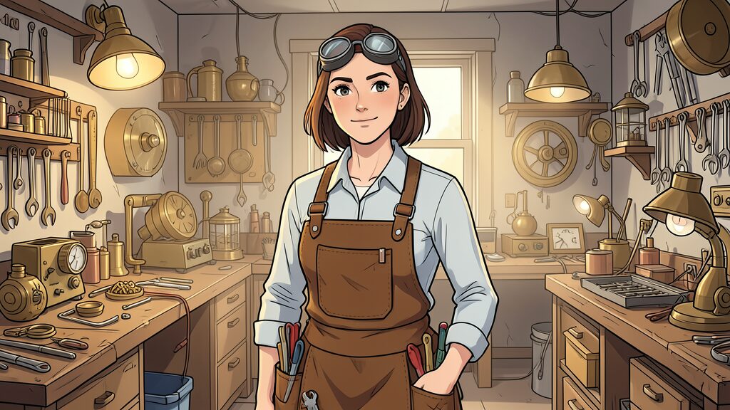 Flux 2 Klein example: illustrated adult inventor in goggles and a leather apron in a brass workshop