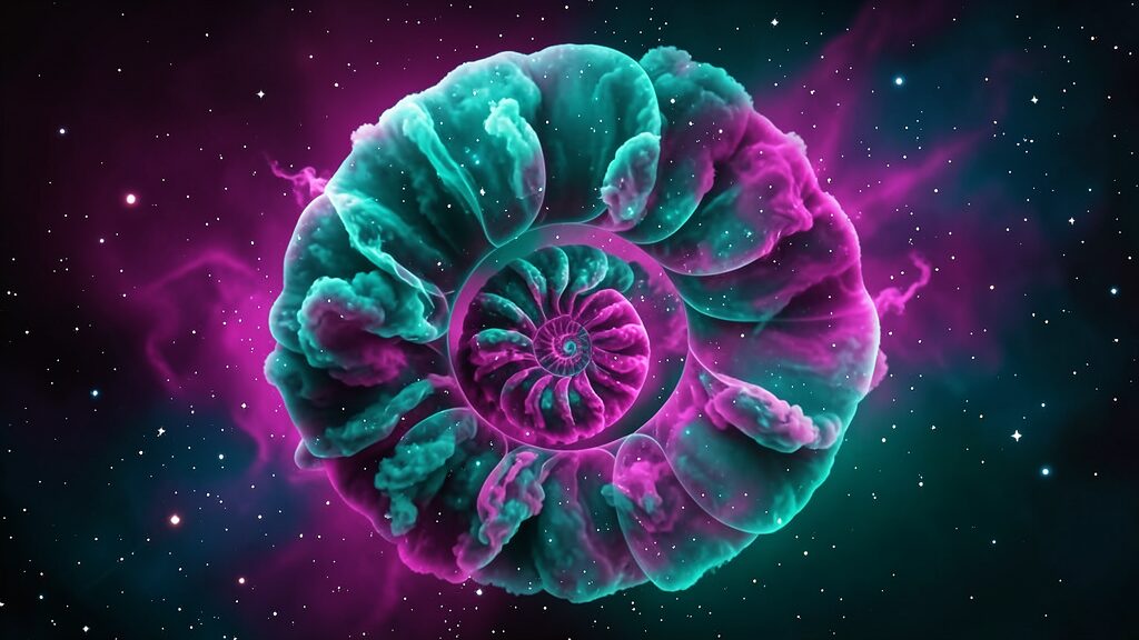 Flux 2 Klein example: teal and magenta nebula swirling into a spiral seashell shape