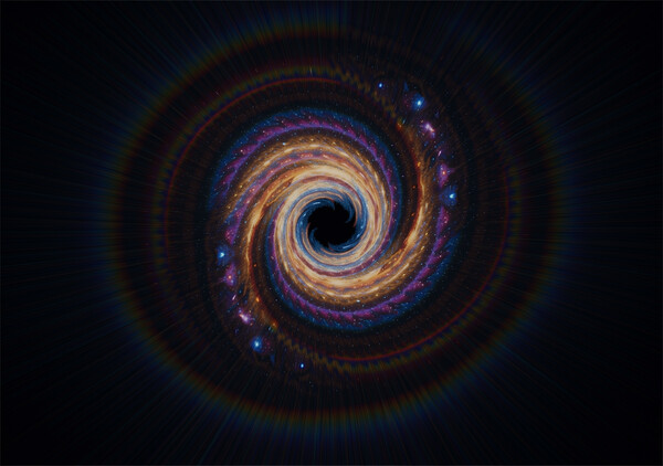 Flux 2 Klein example: swirling galaxy spiral with gold, purple, and blue radial light bands