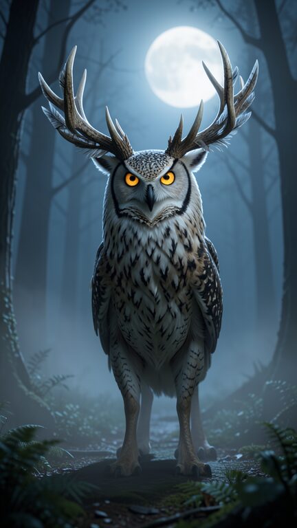 Flux 2 Klein example: owl-faced creature with stag antlers in a moonlit misty forest