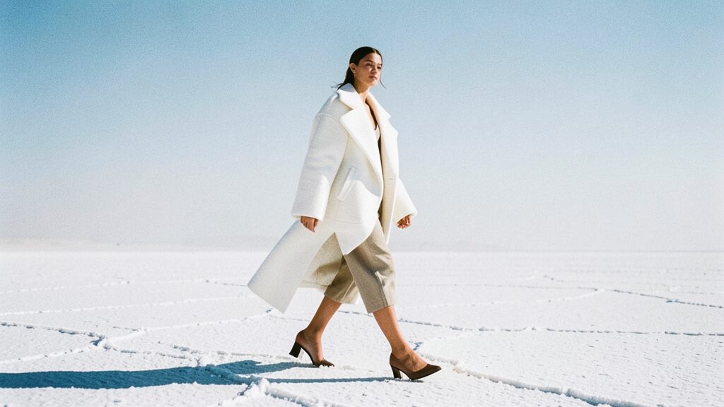 Flux 2 Klein example: model in an oversized white coat walking across a salt flat