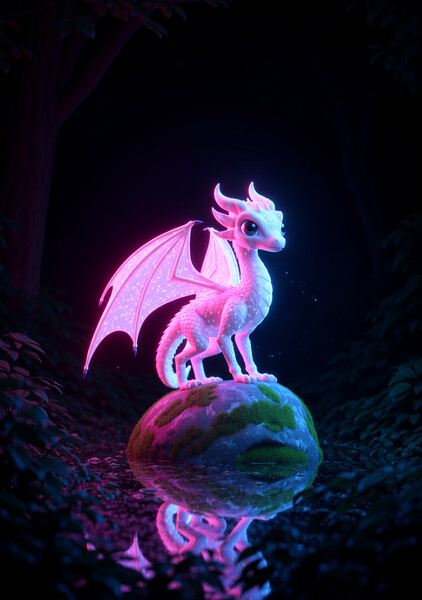Flux 2 Klein example: small glowing pink dragon on a mossy rock reflected in a forest pond