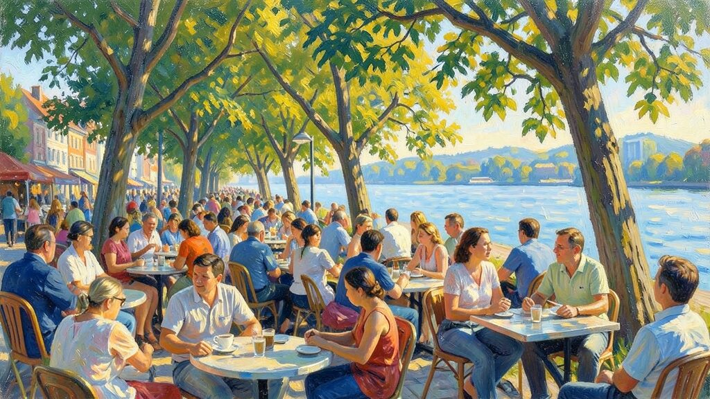 Flux 2 Klein example: impressionist painting of a crowded riverside cafe terrace under trees
