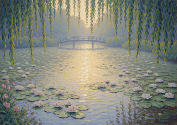 Flux 2 Klein example: Monet-style water lilies pond with arched bridge and weeping willows