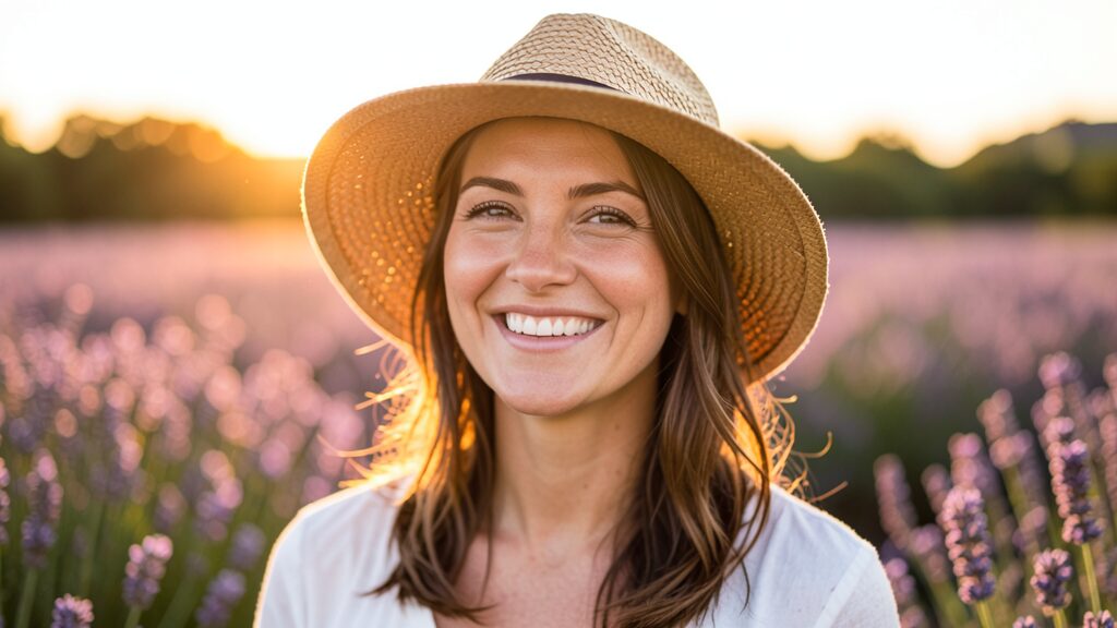 Flux 2 Klein example: smiling woman in a straw hat in a lavender field at sunset