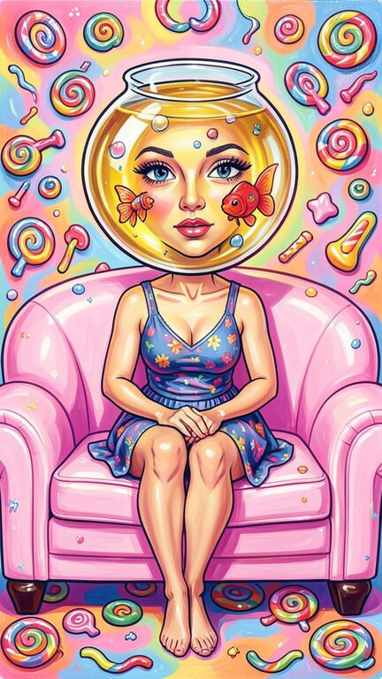 Flux 2 Klein example: pop surrealist painting of a woman with a goldfish bowl head on a pink armchair
