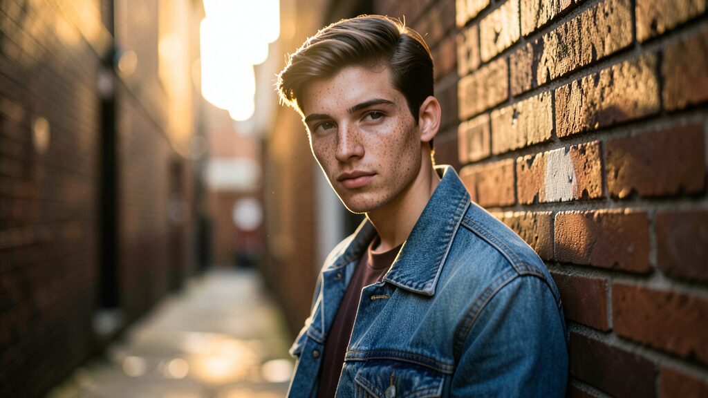 Flux 2 Klein example: freckled young man in a denim jacket against a brick alley wall at golden hour