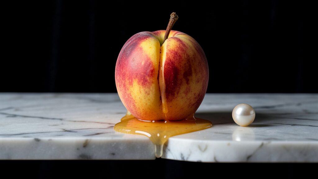 Flux 2 Klein example: ripe peach melting onto a marble table beside a single pearl