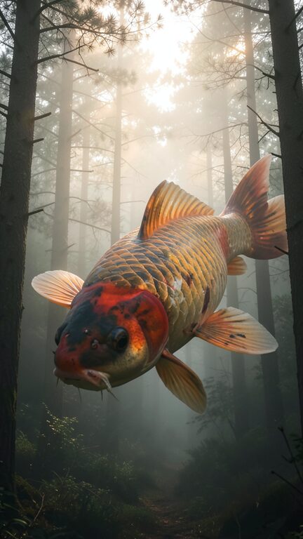 Flux 2 Klein example: giant koi fish swimming through a foggy pine forest