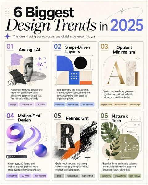 GPT Image 2 example: editorial infographic titled 6 Biggest Design Trends in 2025 with six styled panels