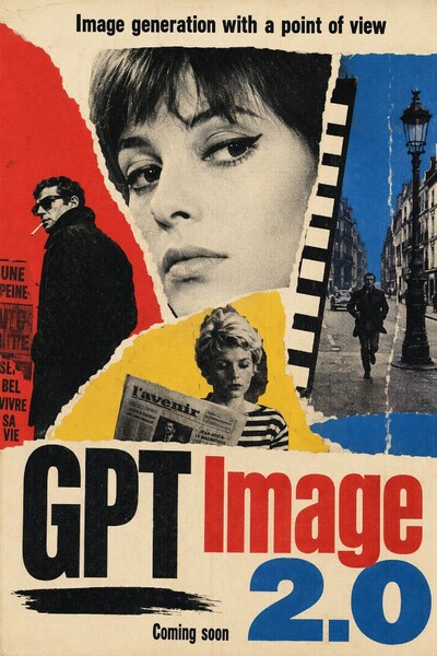 GPT Image 2 example: cinematic collage poster with bold GPT Image 2.0 branding and French New Wave styling