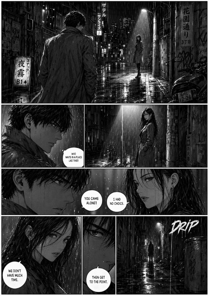 GPT Image 2 example: black-and-white manga page with rainy alley meeting and cinematic panel layout