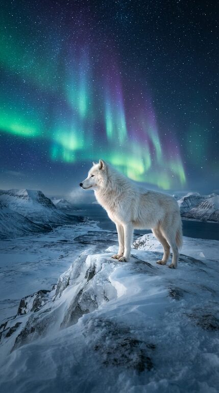 Nano Banana 2 Lite example: white arctic wolf on a snowy ridge under green northern lights