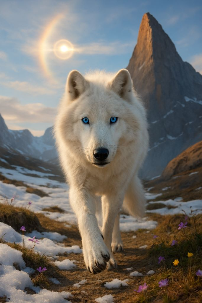 Nano Banana 2 Lite example: white arctic wolf with blue eyes on a mountain trail