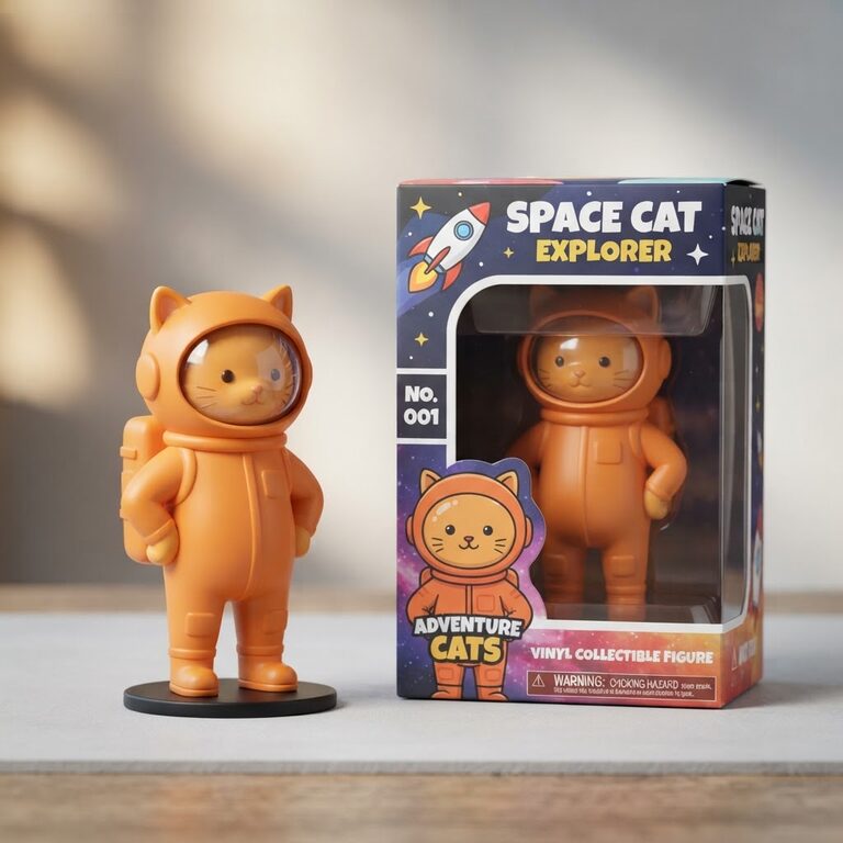 Nano Banana 2 Lite example: orange space-cat vinyl figure next to its Space Cat Explorer box