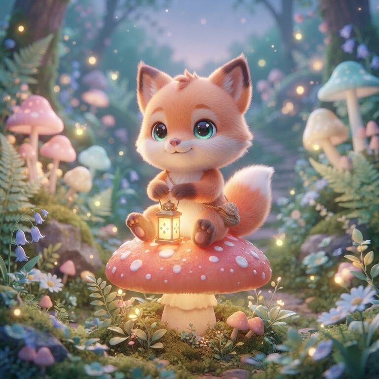 Nano Banana 2 Lite example: cute chibi fox holding a lantern on a spotted mushroom in a glowing forest