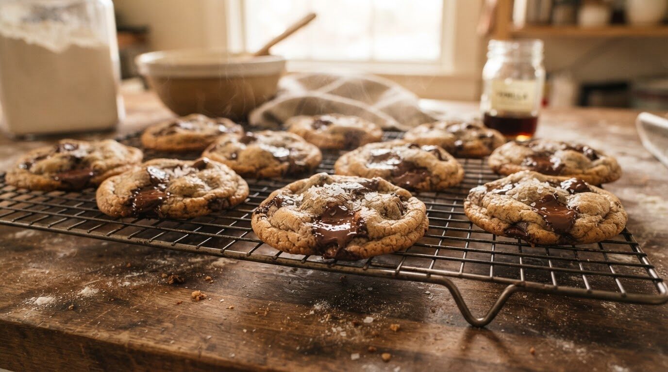 Nano Banana 2 Lite example: chocolate chip cookies cooling on a wire rack in a warm kitchen