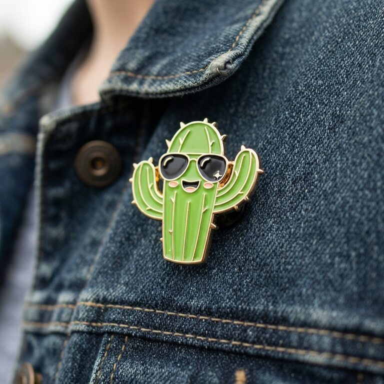 Nano Banana 2 Lite example: smiling cactus enamel pin with sunglasses on a denim jacket