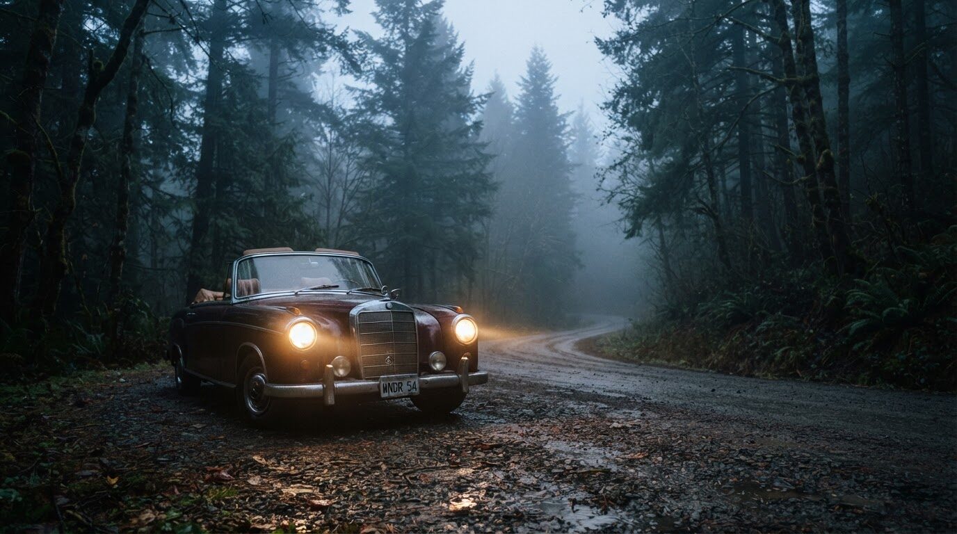 Nano Banana 2 Lite example: vintage car with glowing headlights on a misty forest road