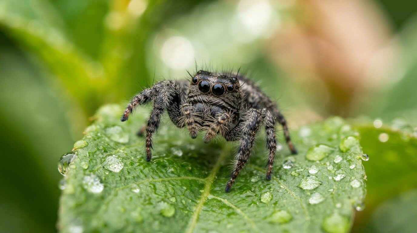 Nano Banana 2 Lite example: close-up of a jumping spider on a dewy green leaf