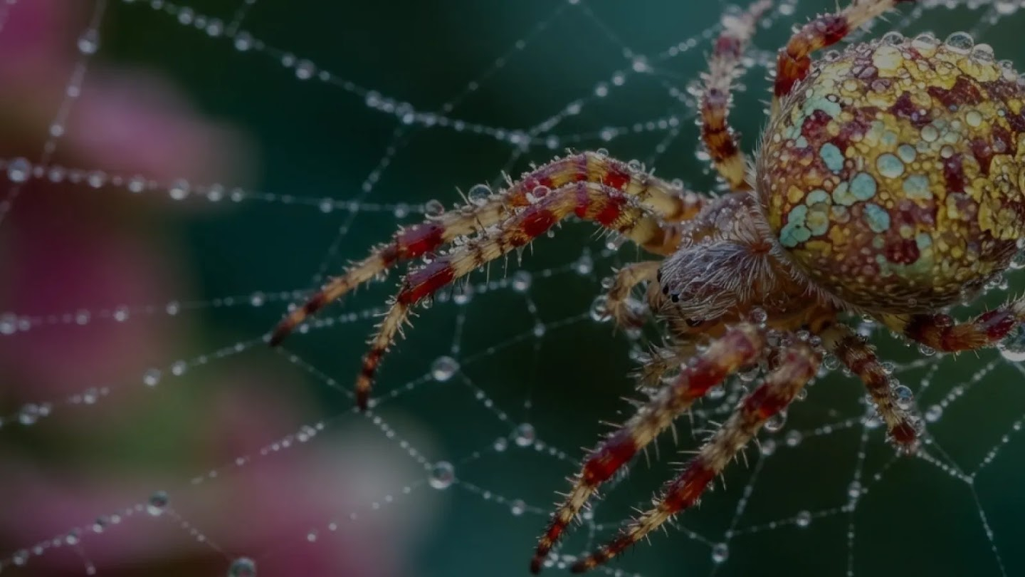 Nano Banana 2 Lite example: dew-covered spider on a web against blurred foliage