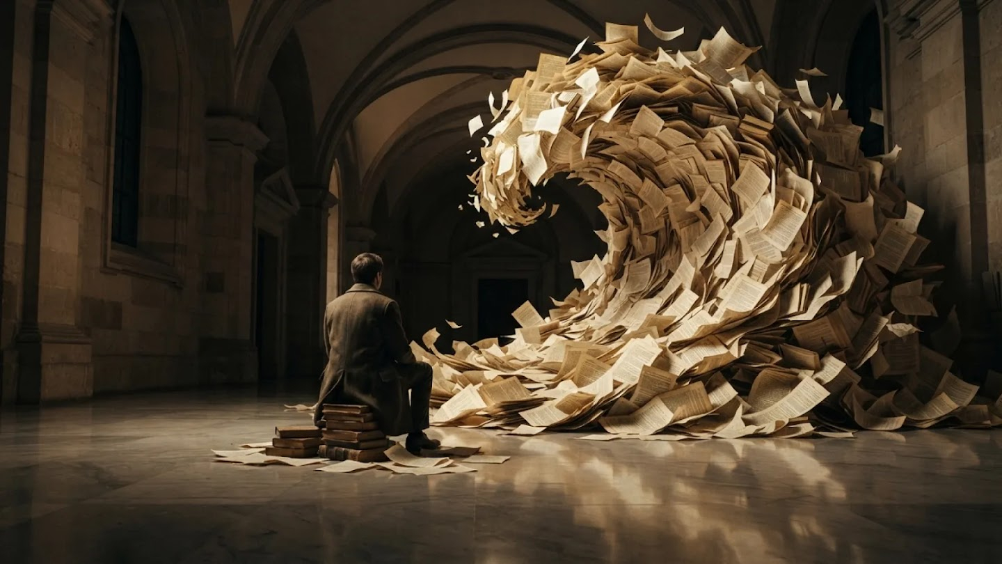 Nano Banana 2 Lite example: paper wave sculpture in a library setting