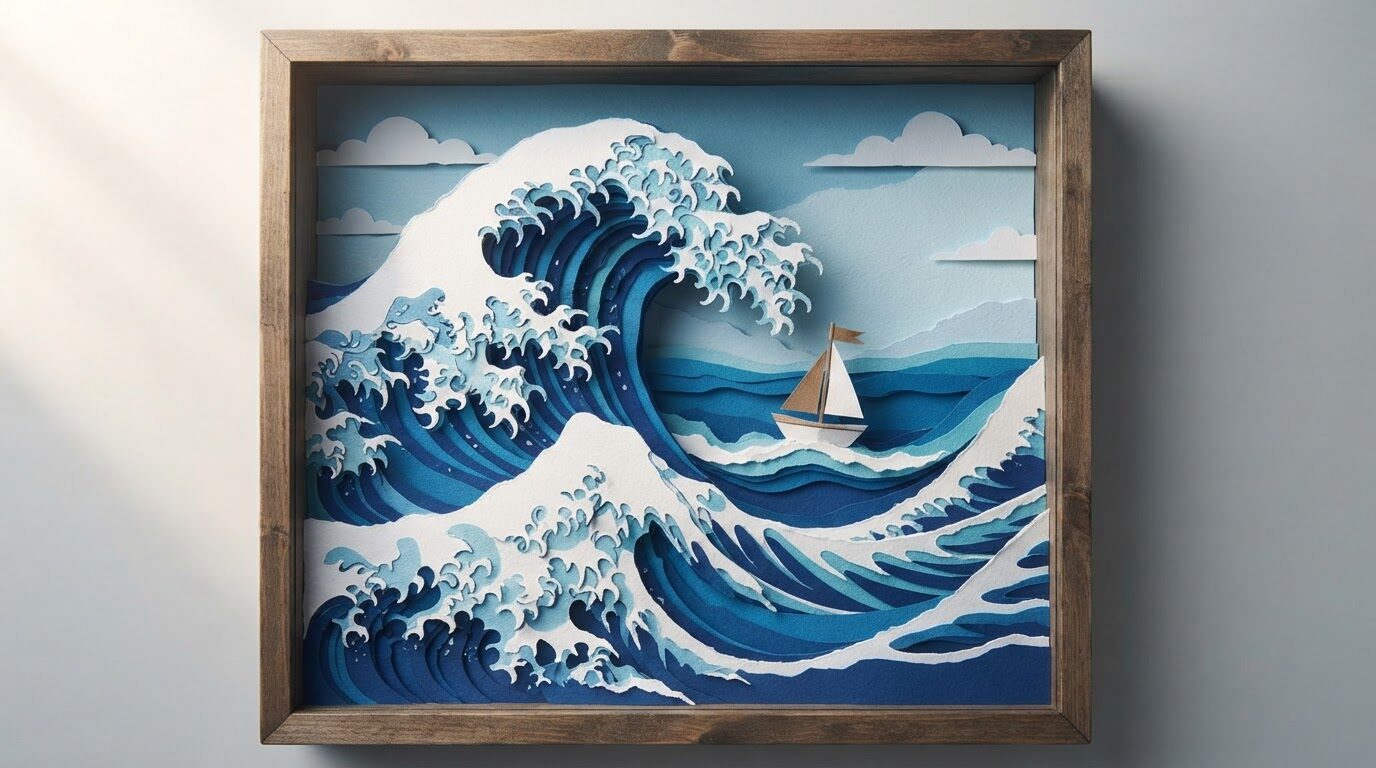 Nano Banana 2 Lite example: framed layered paper art of a large blue wave with a small sailboat