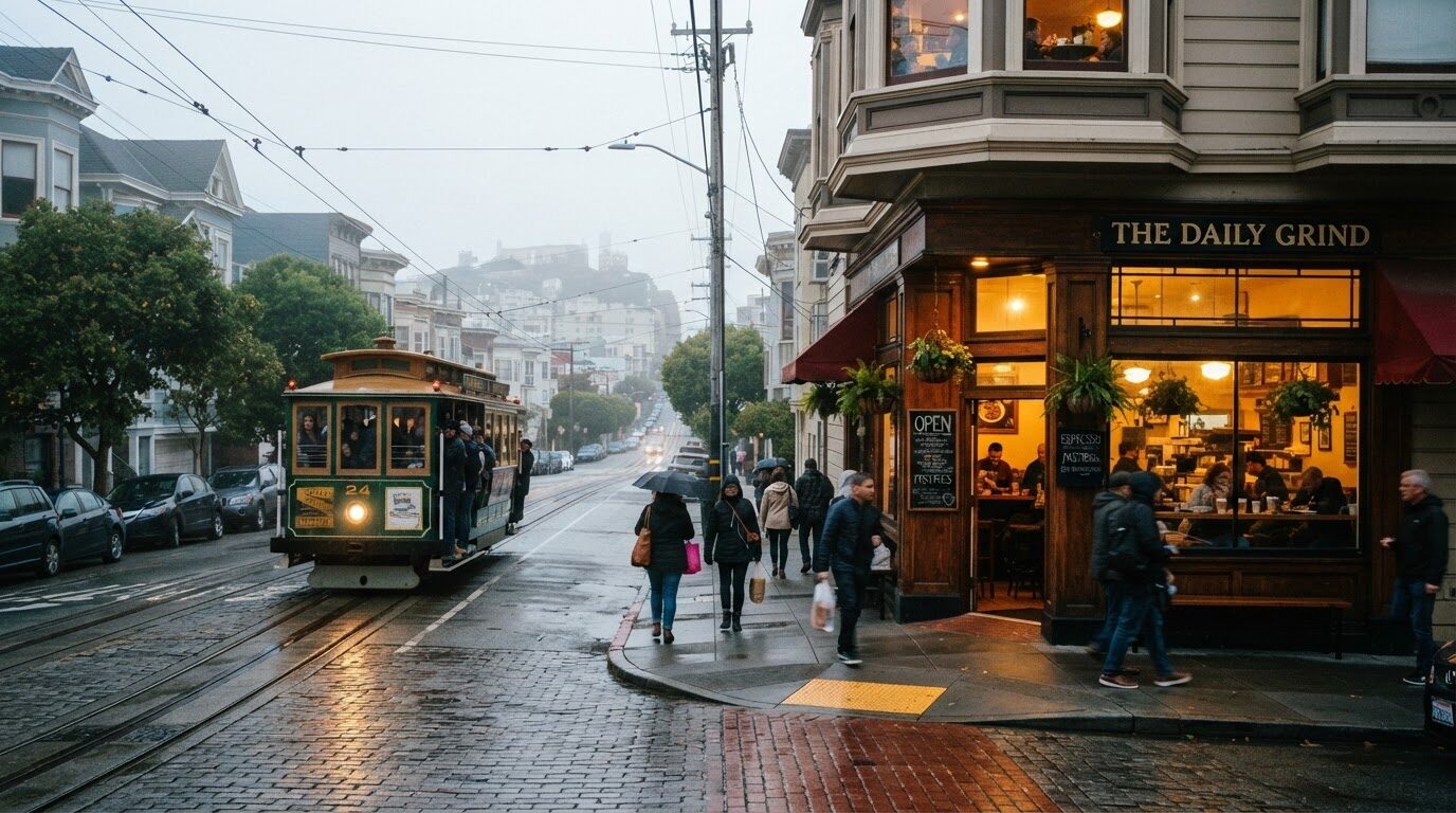 Nano Banana 2 Lite example: corner cafe on a rainy hillside street with a cable car passing