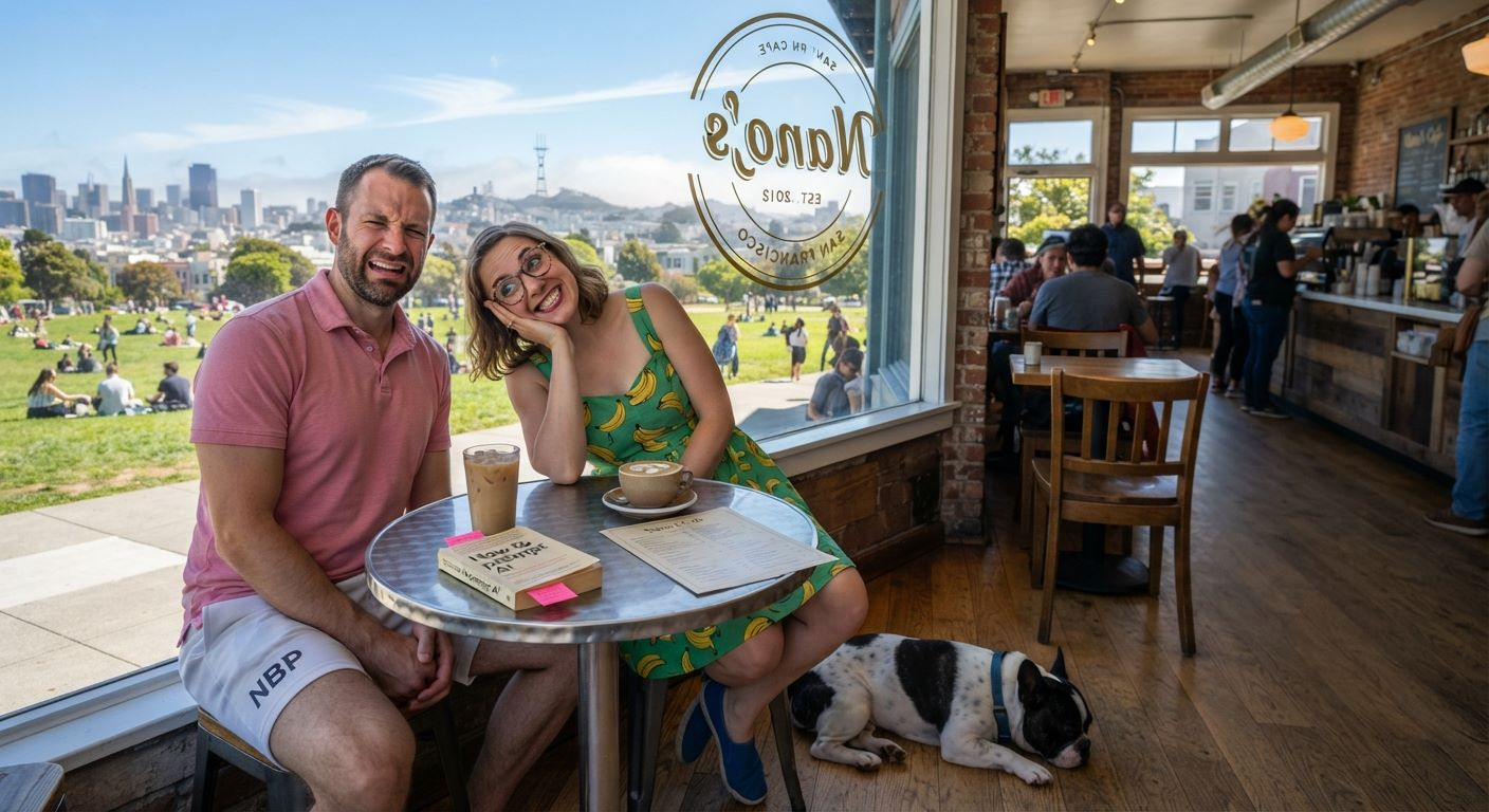 Nano Banana 2 Lite example: couple in a San Francisco cafe overlooking a park and skyline