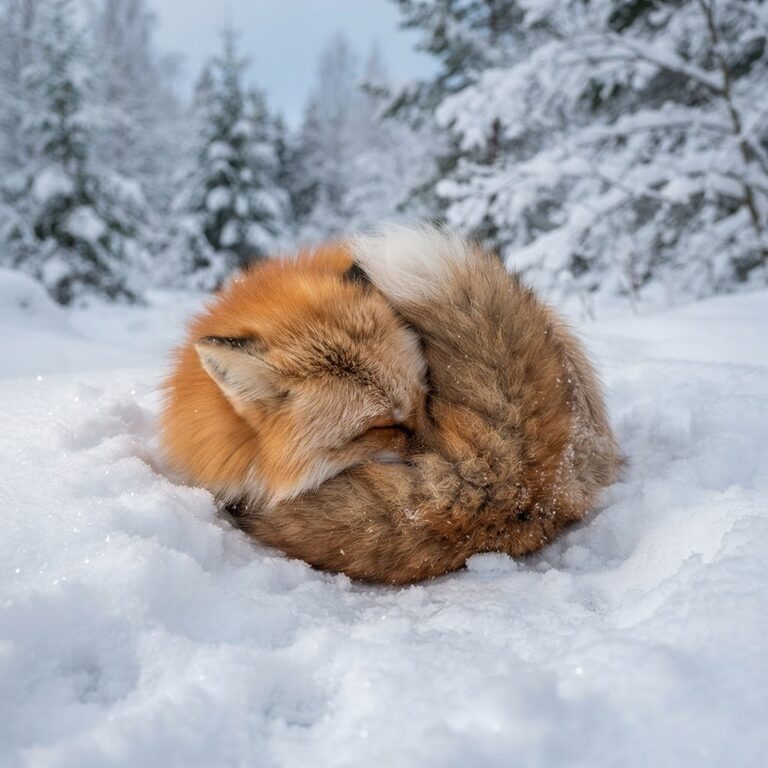 Nano Banana 2 Lite example: round fluffy red fox curled up in fresh snow