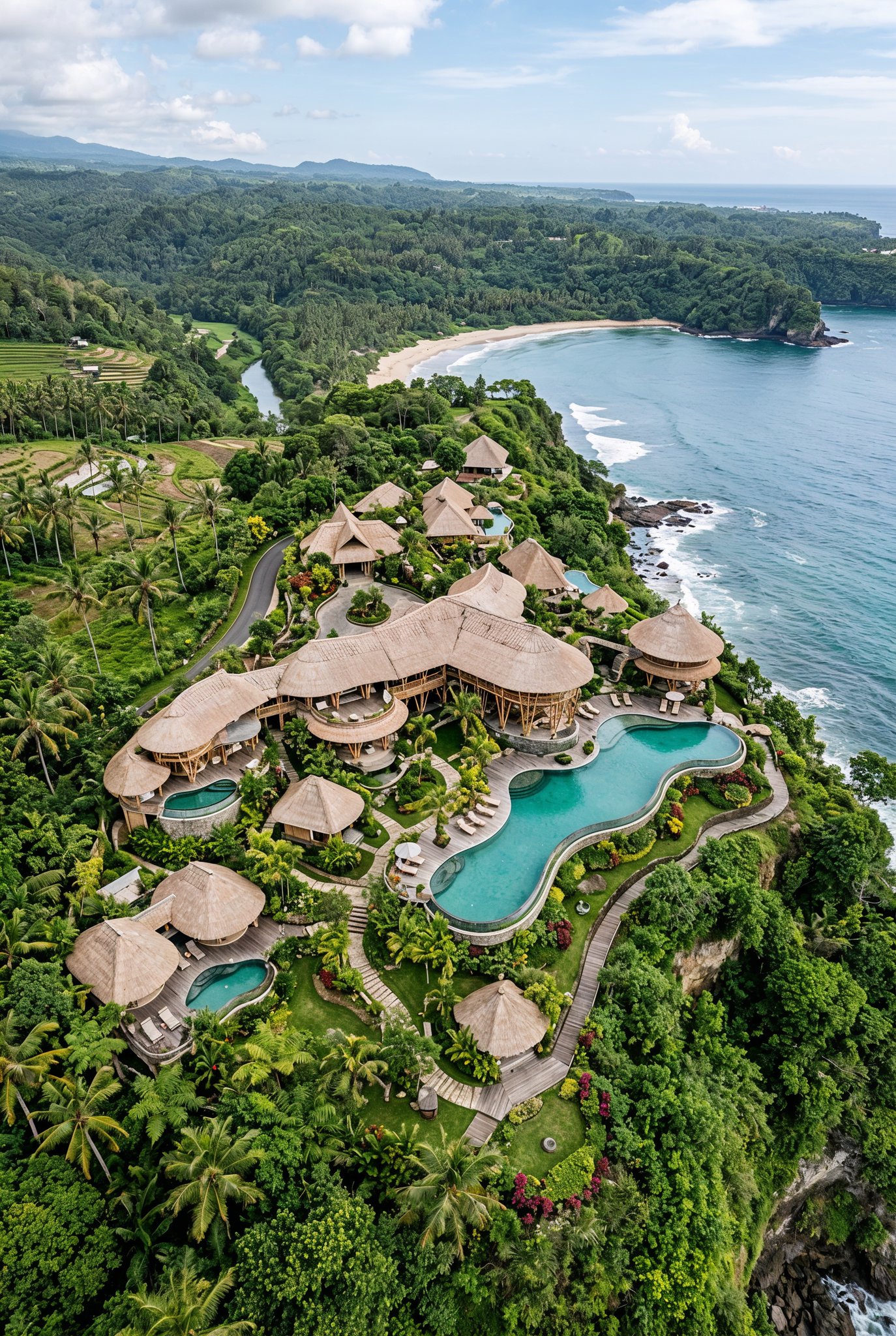 Nano Banana 2 example: aerial view of hillside resort with pool and coastline below