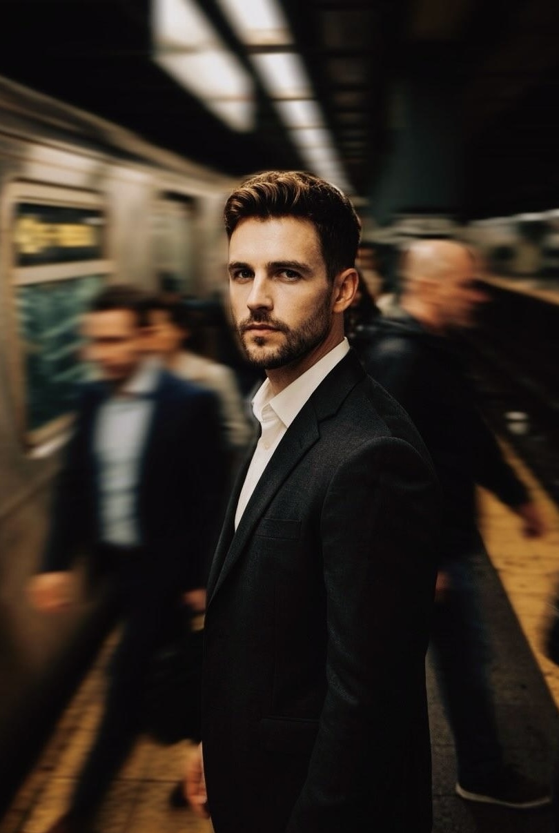 Nano Banana 2 example: sharp subject in a subway station with blurred commuters and train