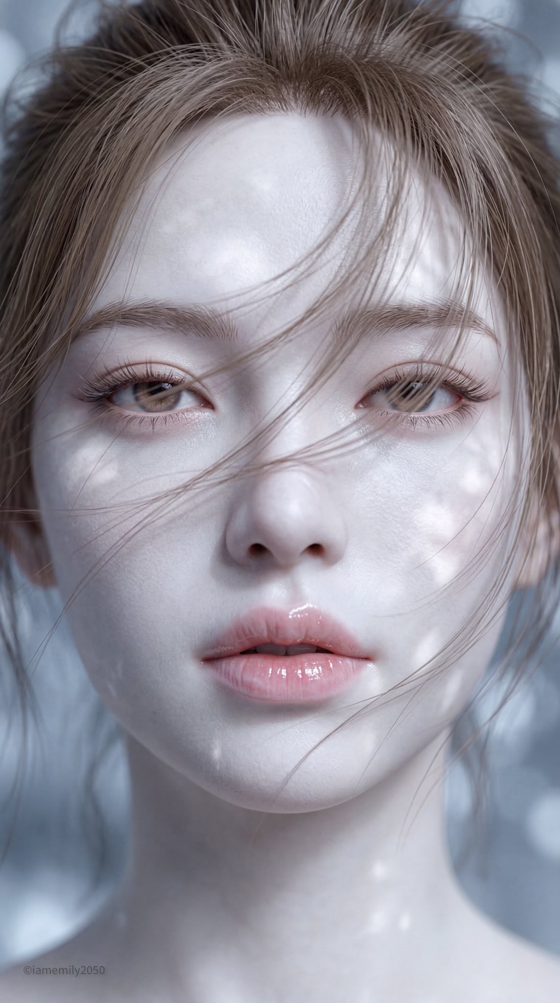 Nano Banana 2 example: close-up portrait with pearlescent skin and soft, neutral expression