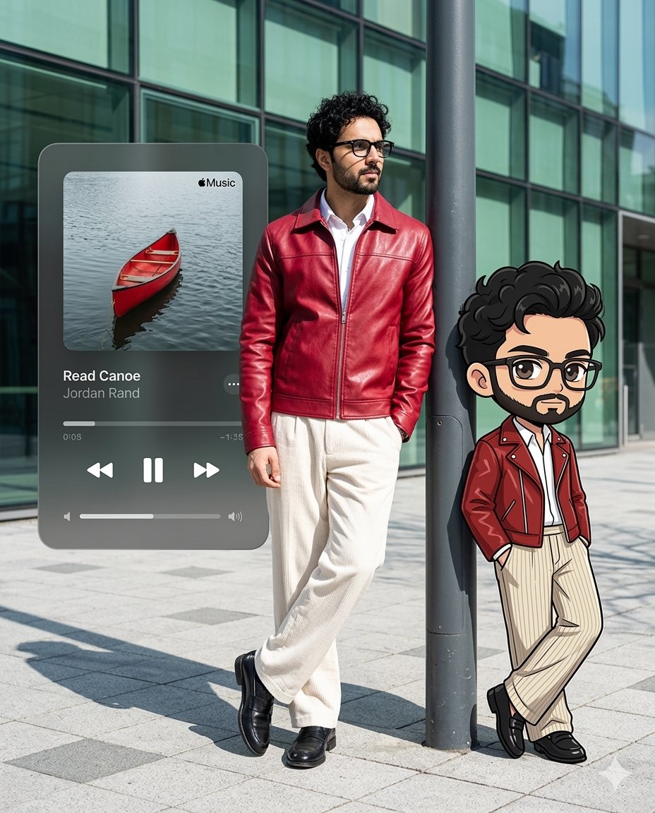 Nano Banana 2 example: composite with real subject, cartoon twin, and floating music UI