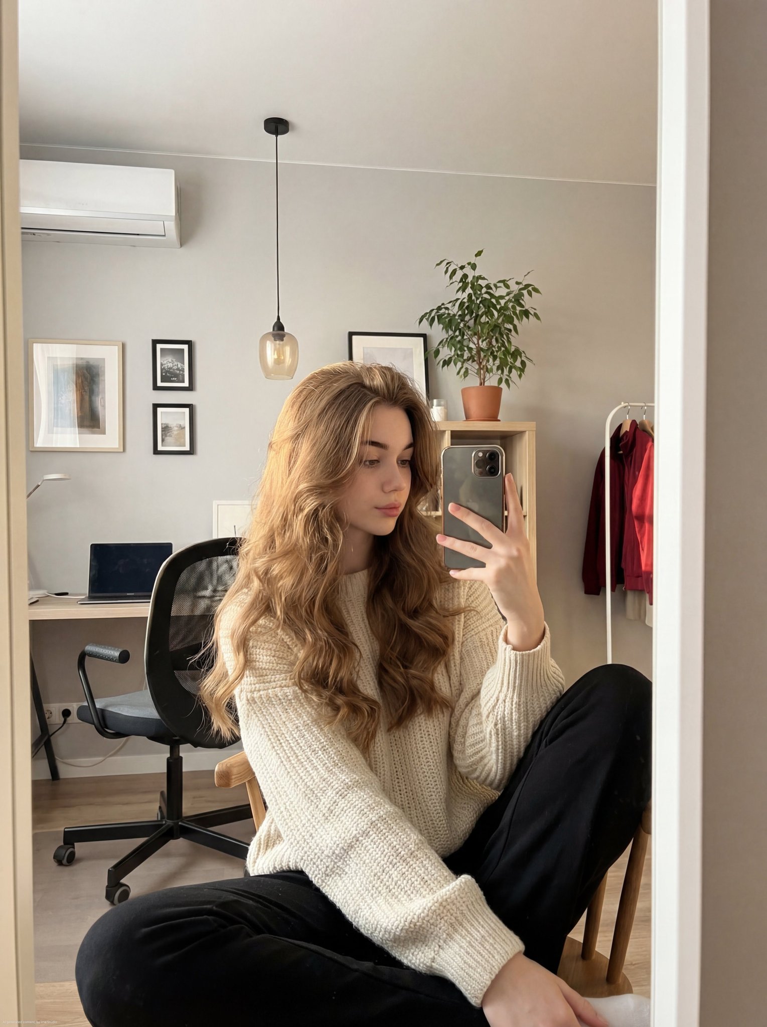 Nano Banana Pro example: woman taking a floor mirror selfie in a modern room with plants