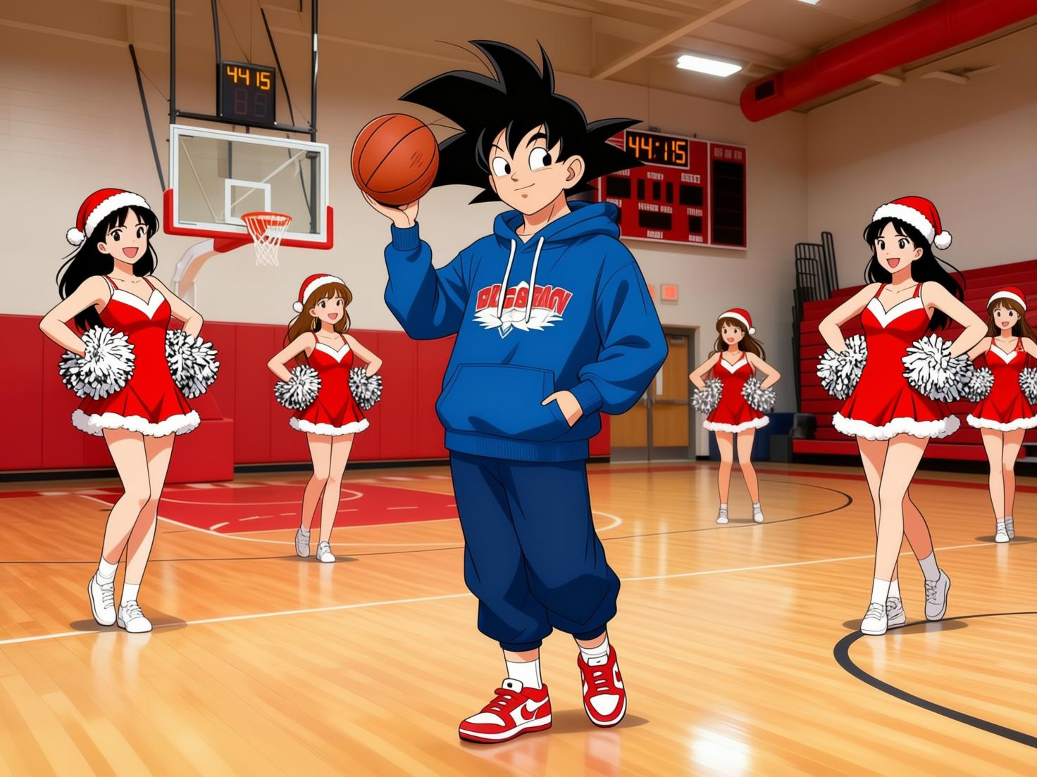 Qwen Edit example: stylized basketball court scene with an anime-style character and cheerleaders
