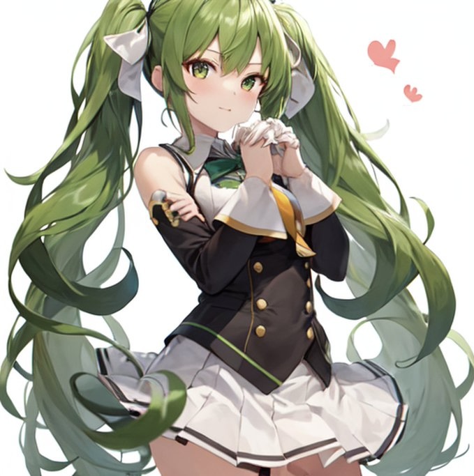 Qwen Edit example: anime-style girl with long green pigtails, school blazer, and white skirt on a clean background