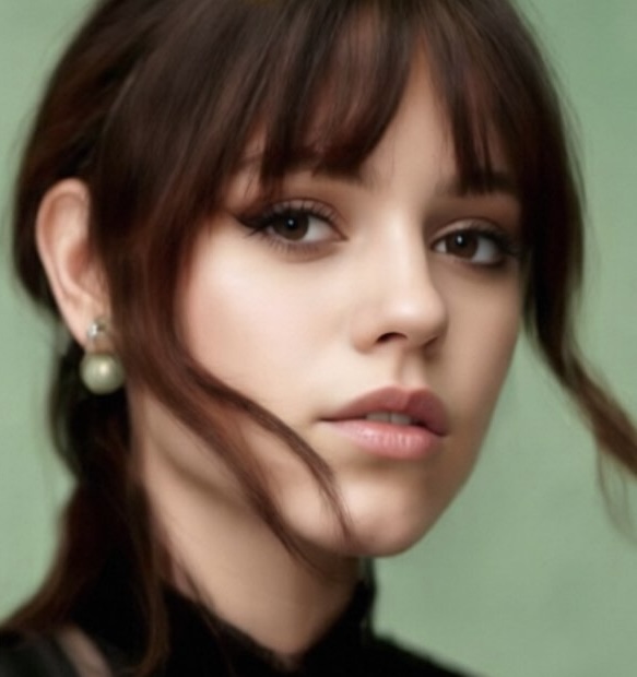 Qwen Edit example: close-up portrait of a woman with bangs and soft, flattering light