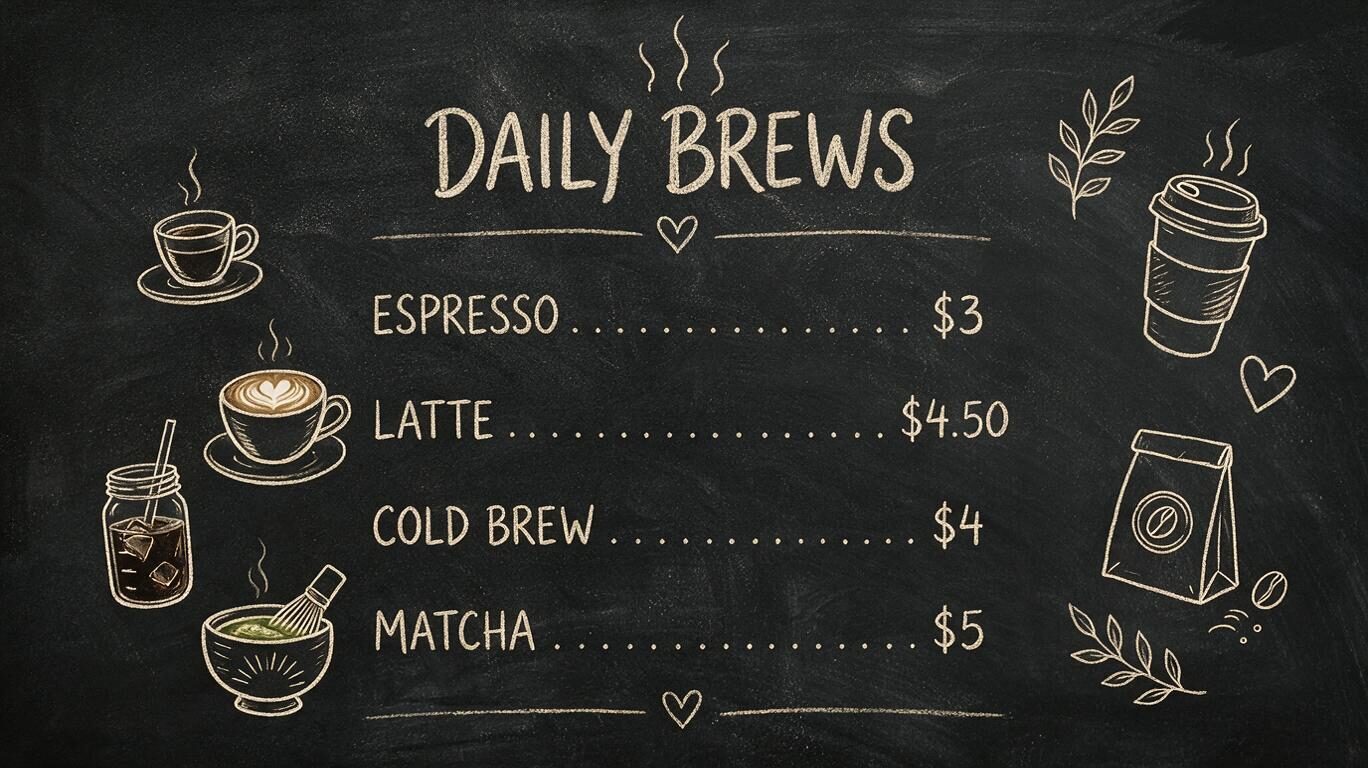 Seedream 5 Pro example: chalkboard menu titled Daily Brews with four coffee prices