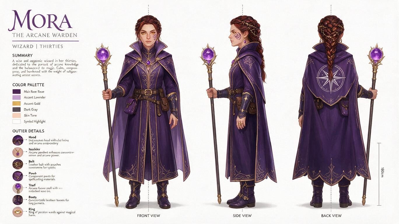 Seedream 5 Pro example: character sheet of an adult wizard named Mora with front, side and back views