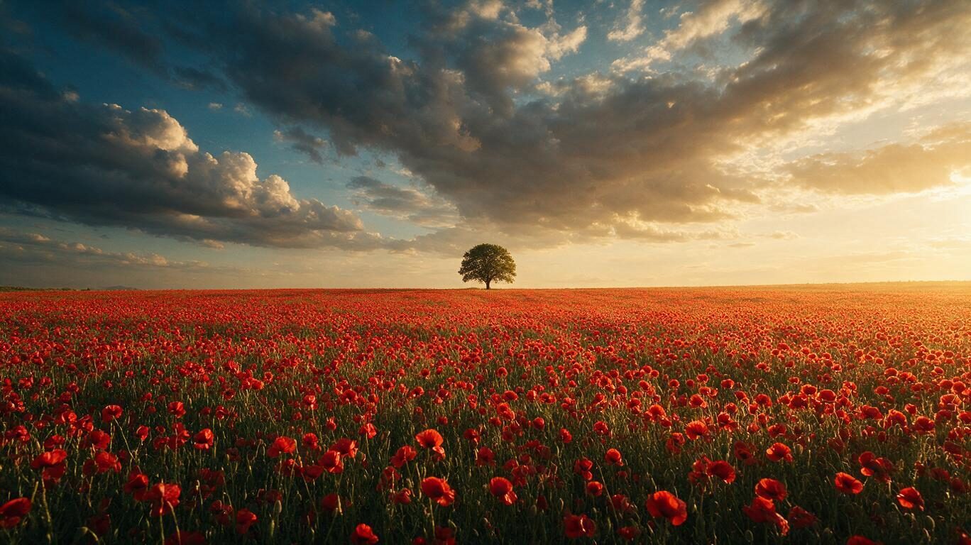 Seedream 5 Pro example: red poppy field with a lone tree under a dramatic sunset sky