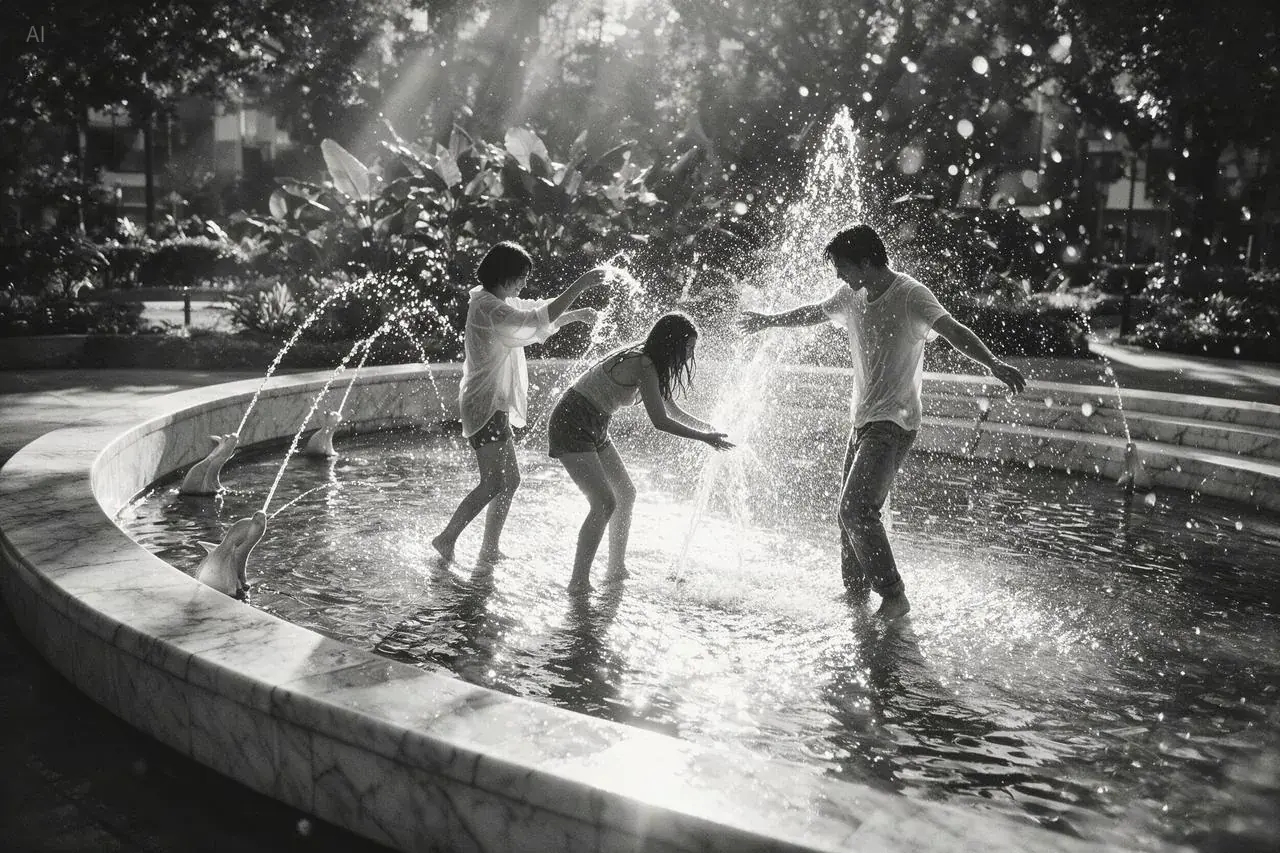 Seedream 5 Pro example: black-and-white photo of people splashing in a sunlit fountain