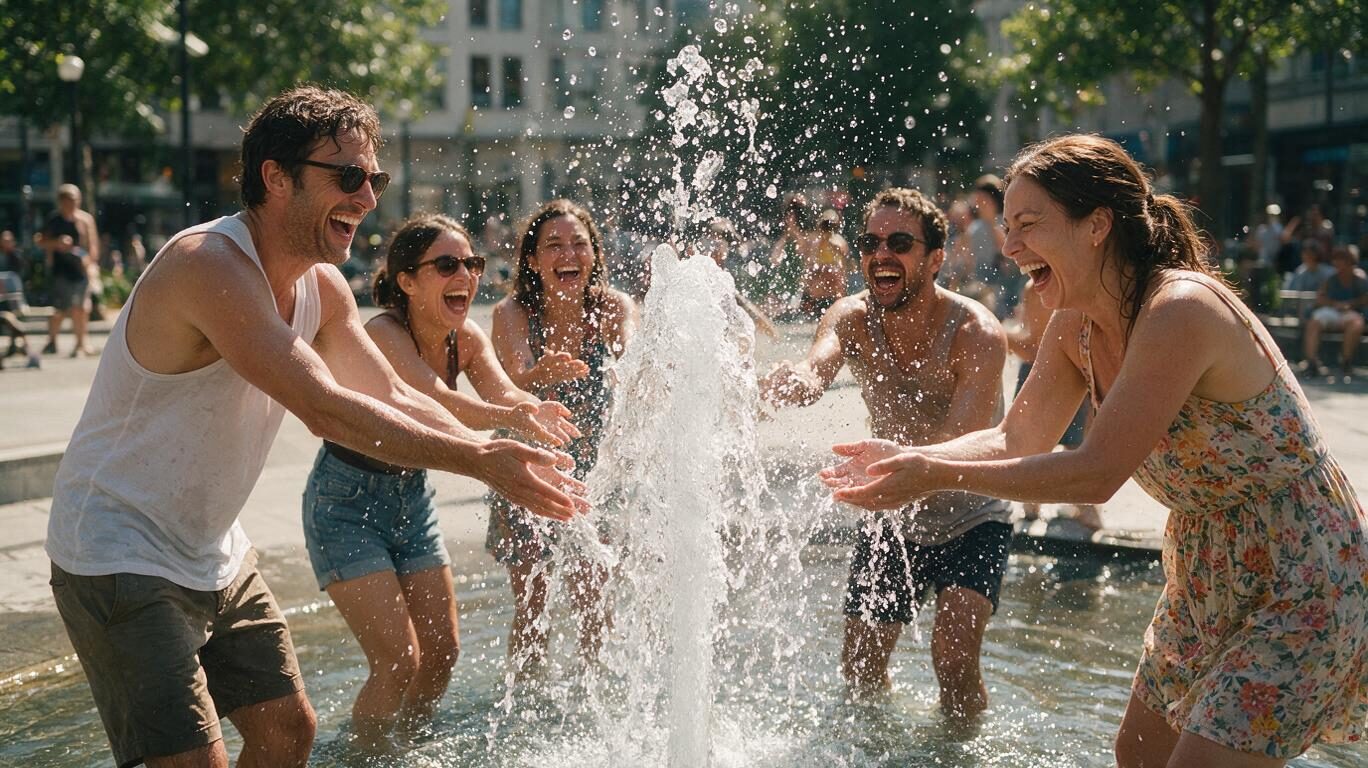Seedream 5 Pro example: adults laughing and splashing in a city fountain on a sunny day