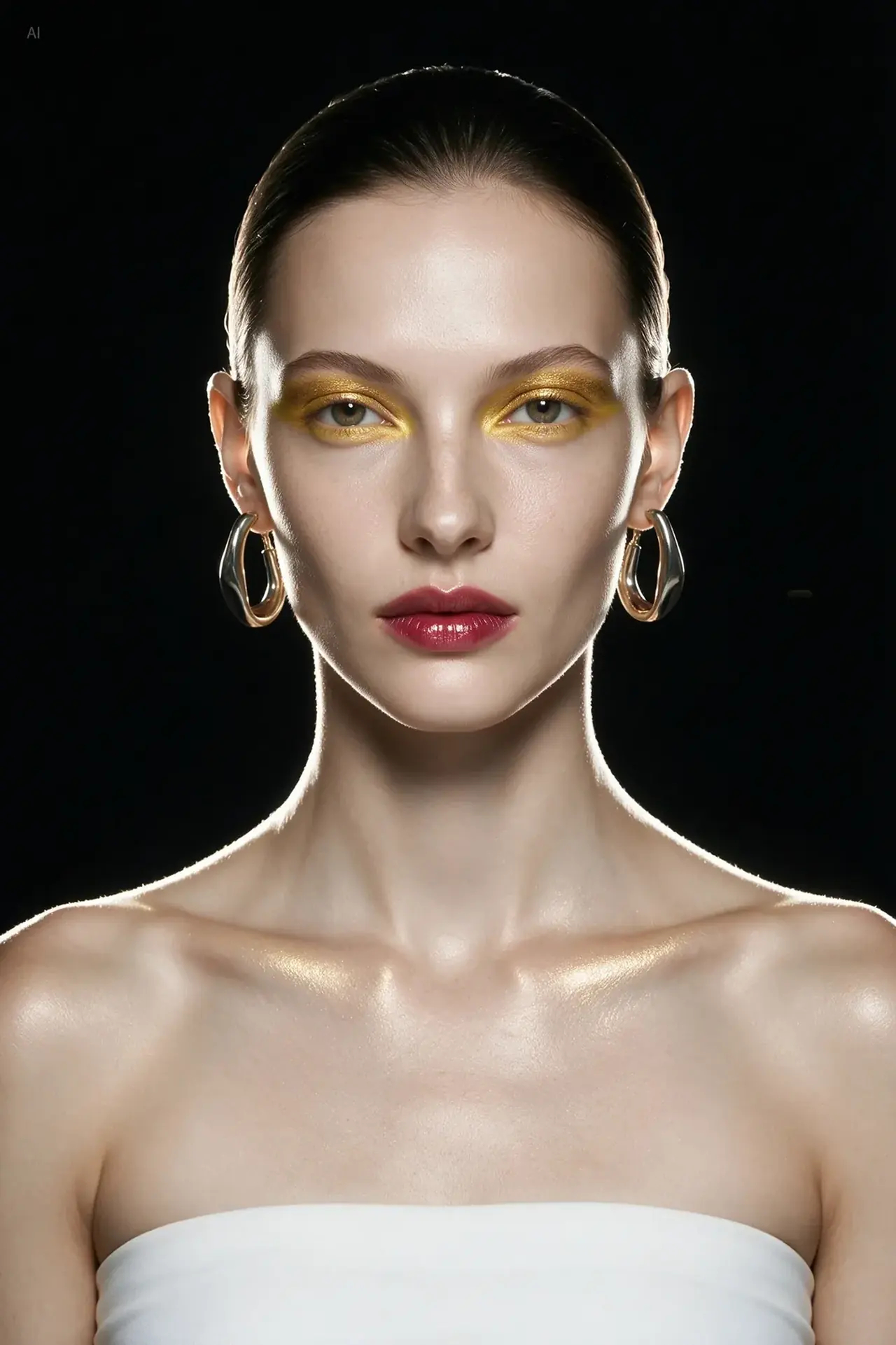 Seedream 5 Pro example: studio beauty portrait with gold eyeshadow against a black backdrop