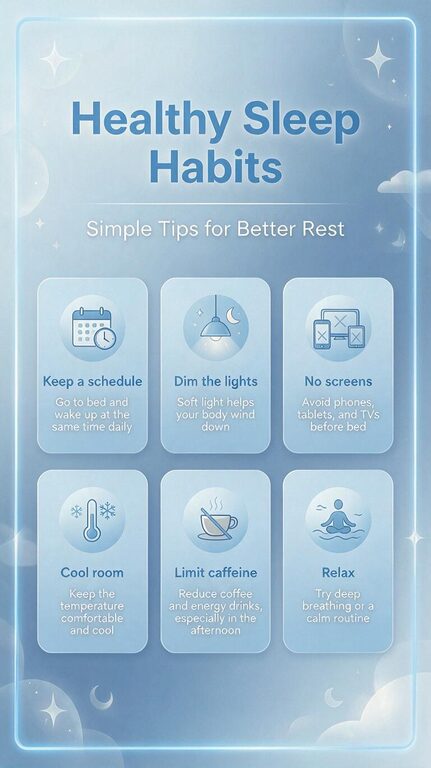 Seedream 5 Pro example: Healthy Sleep Habits infographic with six icon tips in soft blue